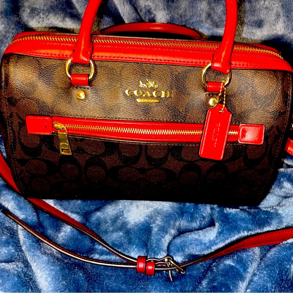 Beautiful red and brown Coach Rowan Satchel